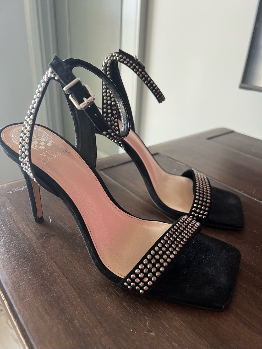 Vince Camino Black Suede Studded Ankle-Strap Women's Heels